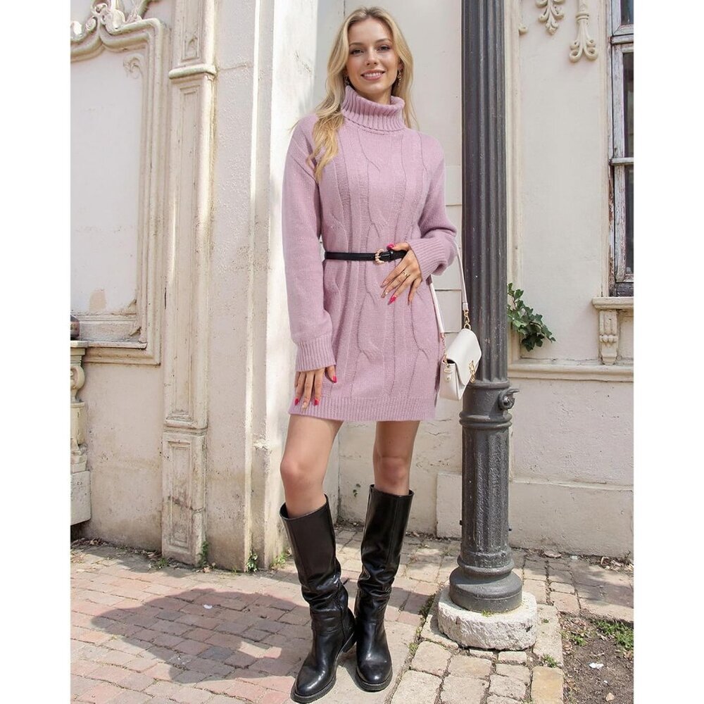 Women's Long Sleeve Turtleneck Sweater Dresses Ribbed Knit Midi Dress Purple - Picture 2 of 4
